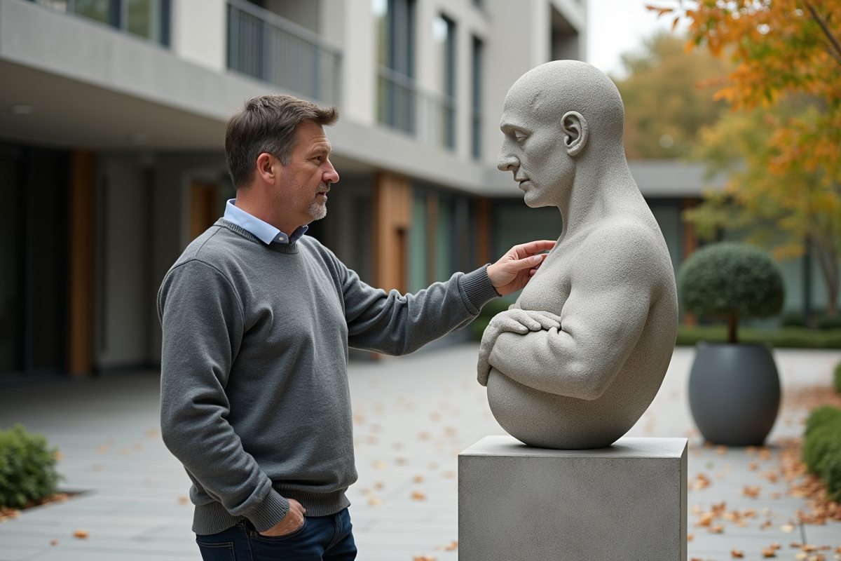 Homme pointant une sculpture en résine dans un jardin extérieur