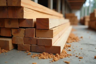 Comparaison de sections de bois de charpente empilées sur un chantier, bastaings et madriers côte à côte avec leurs textures de grain naturelles