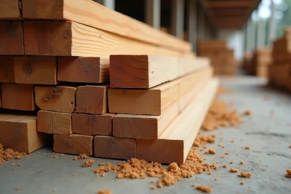 Comparaison de sections de bois de charpente empilées sur un chantier, bastaings et madriers côte à côte avec leurs textures de grain naturelles