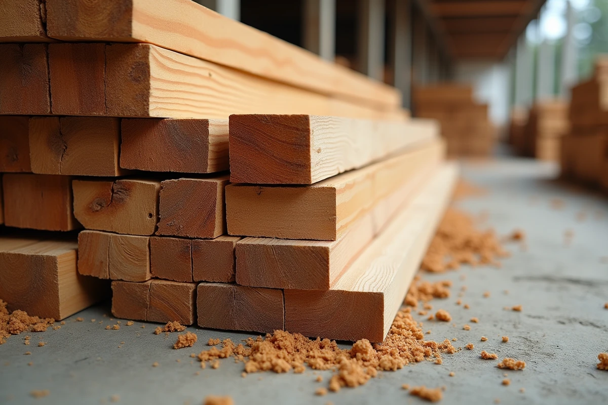 Comparaison de sections de bois de charpente empilées sur un chantier, bastaings et madriers côte à côte avec leurs textures de grain naturelles