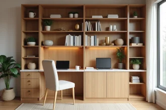 Séparation meuble modulable en bois de chêne créant un espace bureau discret dans un salon lumineux au style scandinave