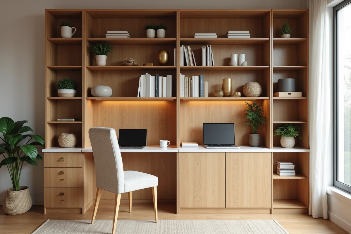 Séparation meuble modulable en bois de chêne créant un espace bureau discret dans un salon lumineux au style scandinave