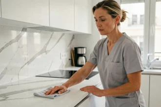 Femme de ménage professionnelle nettoyant le plan de travail d'une cuisine moderne dans un appartement de Levallois-Perret