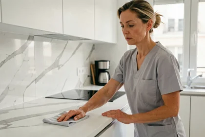 Femme de ménage professionnelle nettoyant le plan de travail d'une cuisine moderne dans un appartement de Levallois-Perret