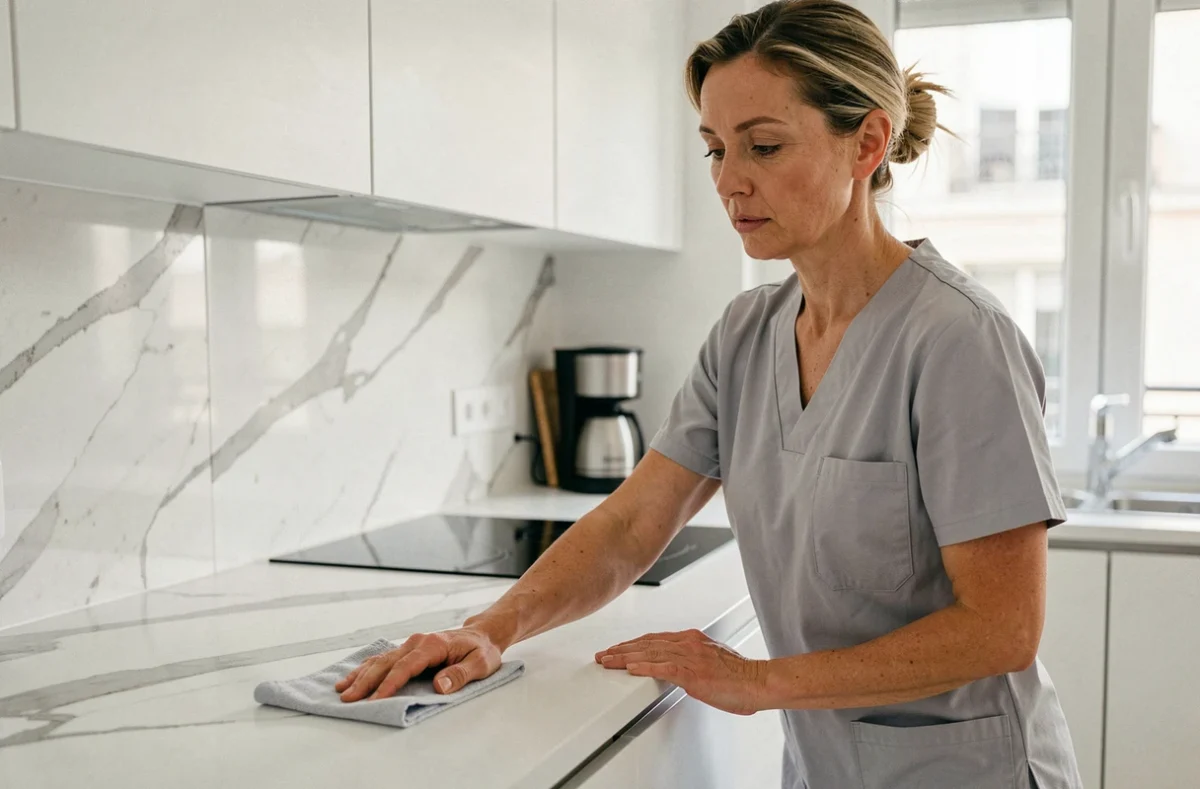 Femme de ménage professionnelle nettoyant le plan de travail d'une cuisine moderne dans un appartement de Levallois-Perret