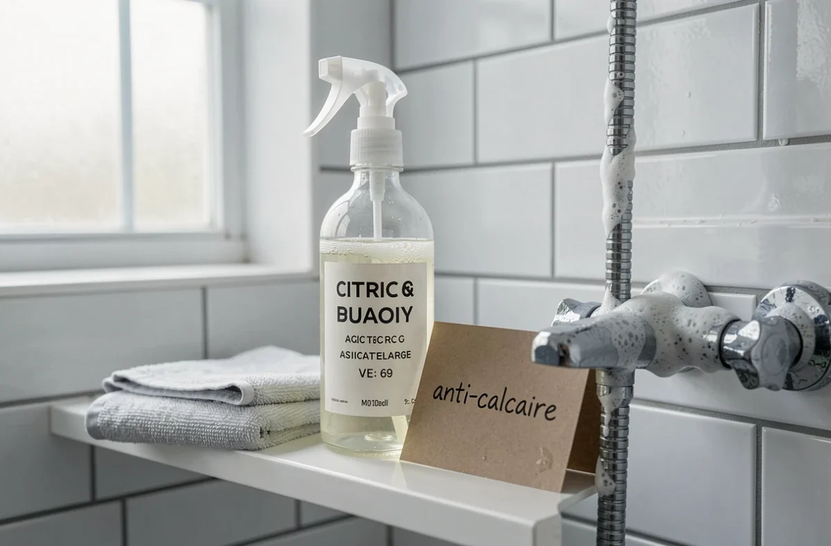 Spray d'acide citrique anti-calcaire posé sur une étagère de salle de bain à côté d'un pommeau de douche entartré
