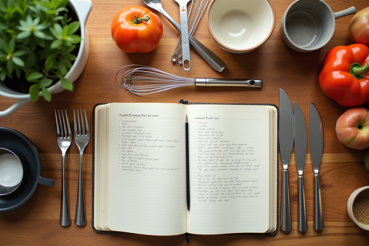 Table de cuisine avec outils de cuisson et carnet de recettes