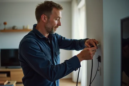 Technicien connectant un c&acirc;ble coaxial dans un salon moderne