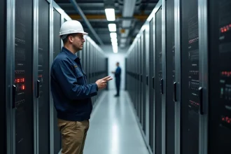 Technicien homme vérifiant panneaux de protection dans un centre de données