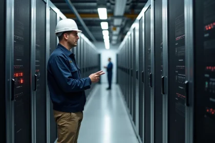 Technicien homme v&eacute;rifiant panneaux de protection dans un centre de donn&eacute;es
