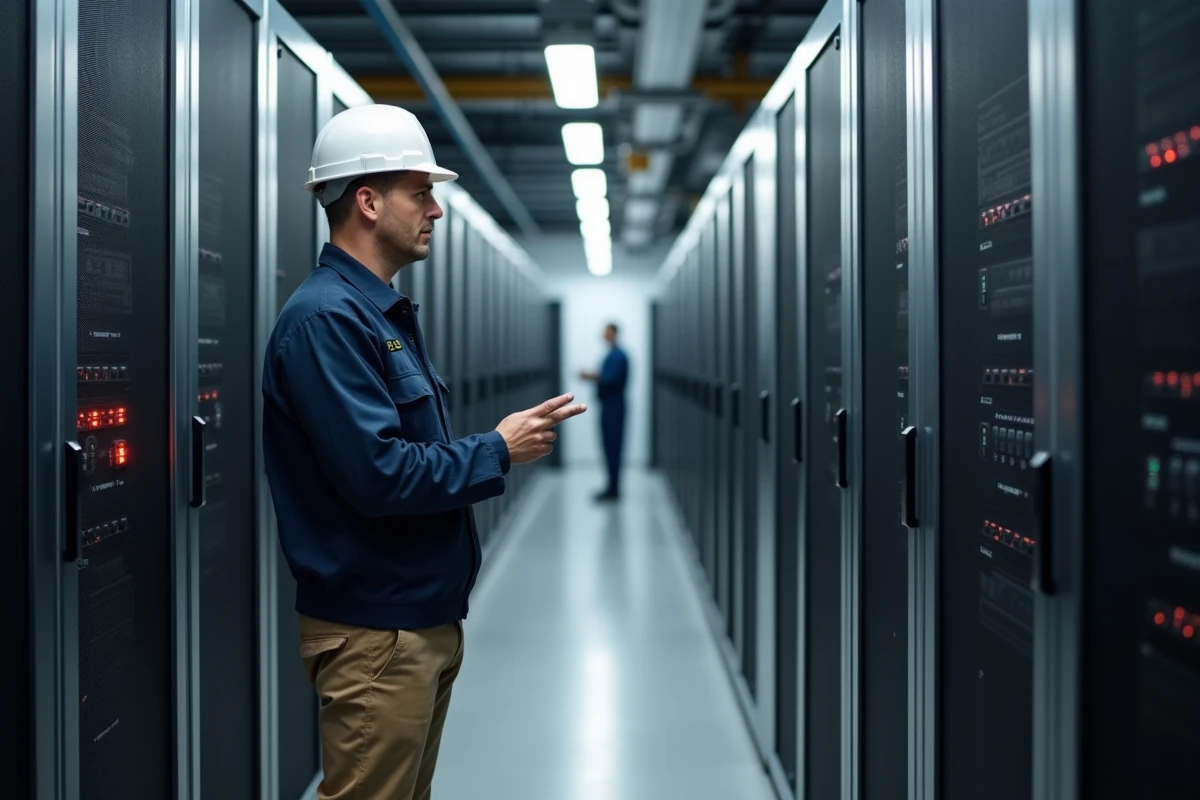 Technicien homme vérifiant panneaux de protection dans un centre de données