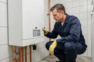 Technicien en chauffage inspectant une chaudière électrique pour chauffage central dans une chaufferie résidentielle