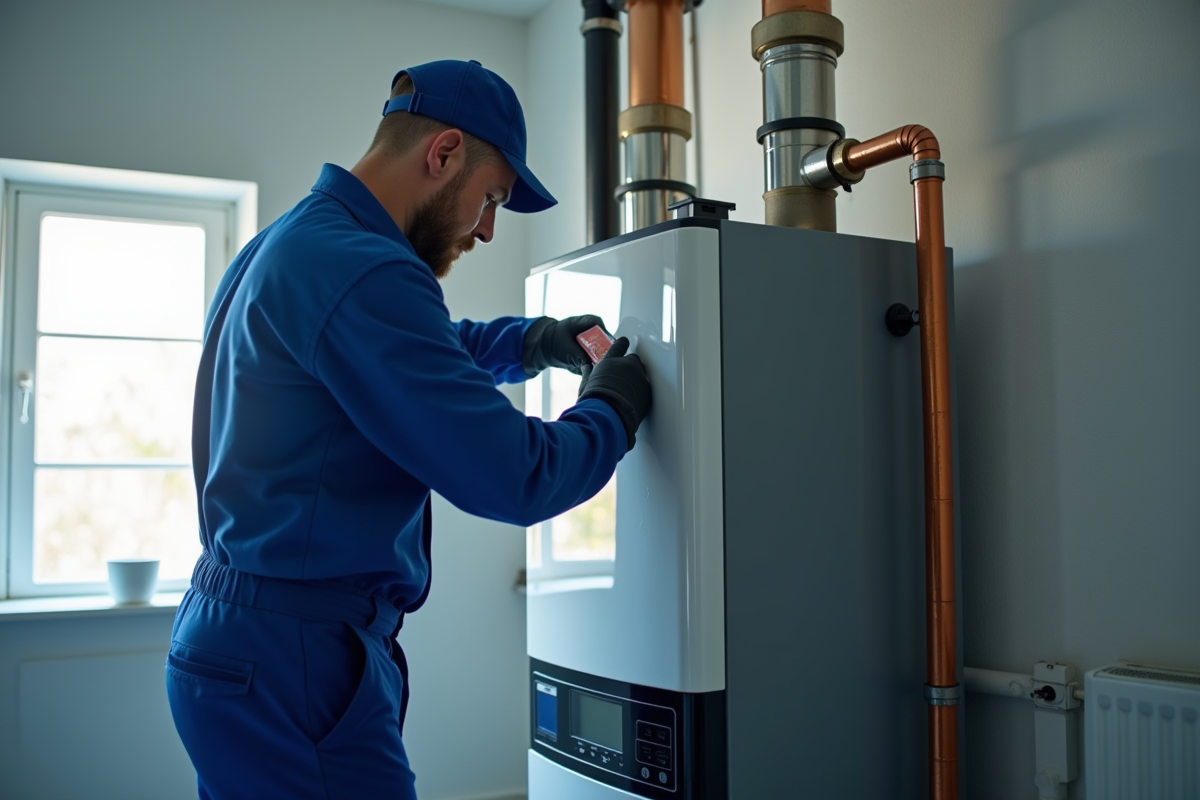Technicien en uniforme bleu inspectant une chaudiere moderne