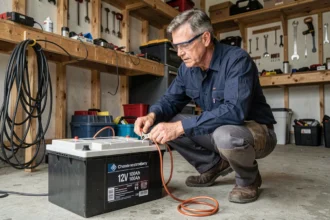 Technicien connectant un panneau solaire à une batterie 12V 100Ah dans un garage avec contrôleur de charge solaire