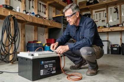 Technicien connectant un panneau solaire à une batterie 12V 100Ah dans un garage avec contrôleur de charge solaire
