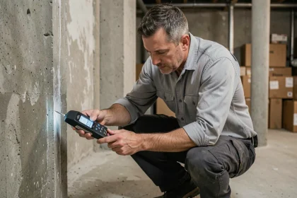 Technicien mesurant l'humidité d'un mur en béton dans un sous-sol avec un détecteur d'humidité numérique
