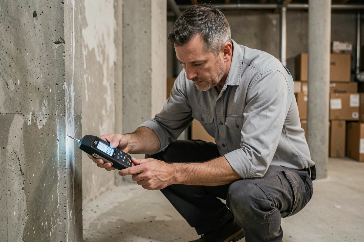 Technicien mesurant l'humidité d'un mur en béton dans un sous-sol avec un détecteur d'humidité numérique