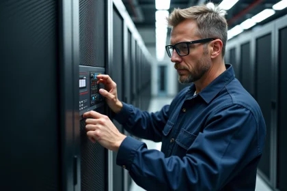 Technicien en tenue de s&eacute;curit&eacute; inspectant un syst&egrave;me &eacute;lectronique dans une salle serveurs