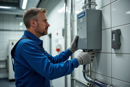 Technicien en overalls examinant une unit&eacute; de r&eacute;cup&eacute;ration de chaleur