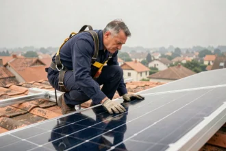 Technicien en train d'inspecter un panneau photovoltaïque monocristallin installé sur un toit de maison individuelle