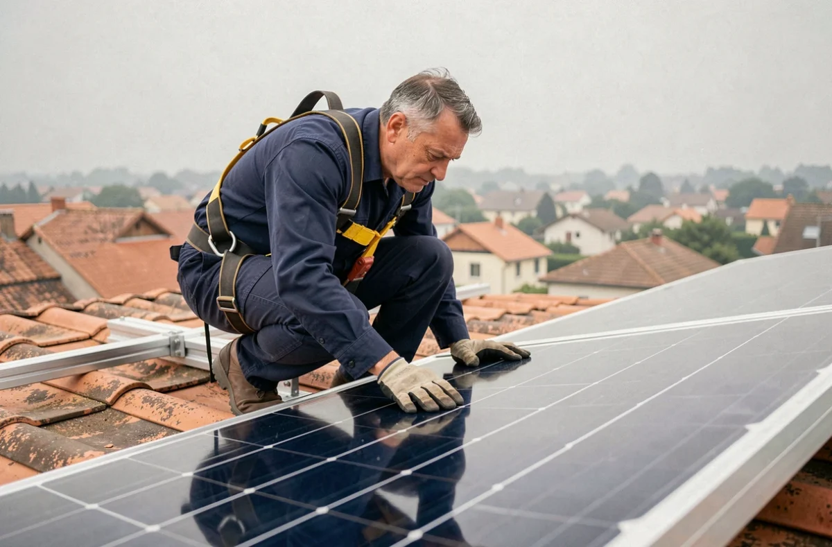 Technicien en train d'inspecter un panneau photovoltaïque monocristallin installé sur un toit de maison individuelle