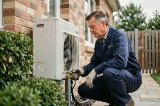 Technicien inspectant une pompe à chaleur Prima Start installée sur la façade extérieure d'une maison individuelle