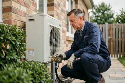 Technicien inspectant une pompe à chaleur Prima Start installée sur la façade extérieure d'une maison individuelle