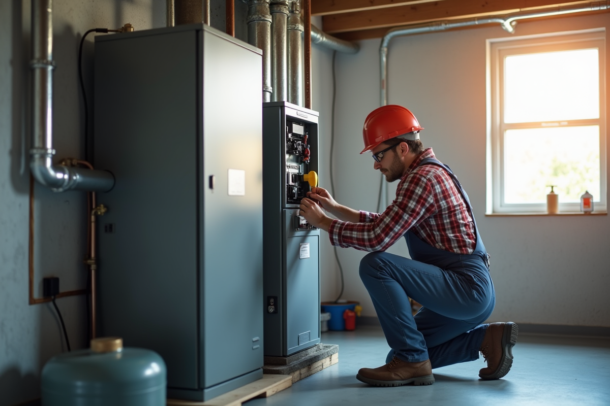 Technicien installant un chauffage gaz moderne dans une pièce lumineuse
