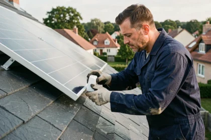Technicien installant un micro-onduleur sous un panneau solaire sur un toit résidentiel