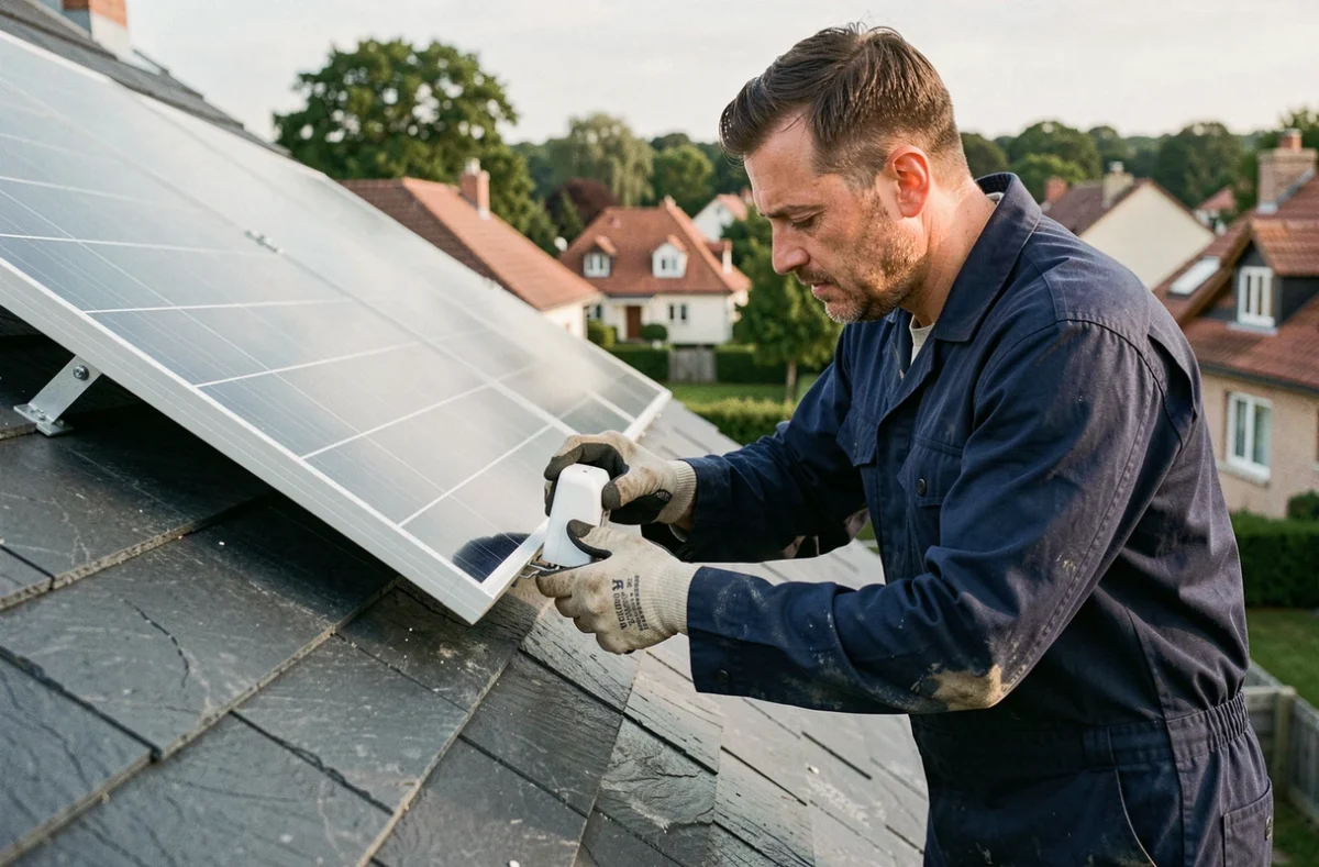 Technicien installant un micro-onduleur sous un panneau solaire sur un toit résidentiel