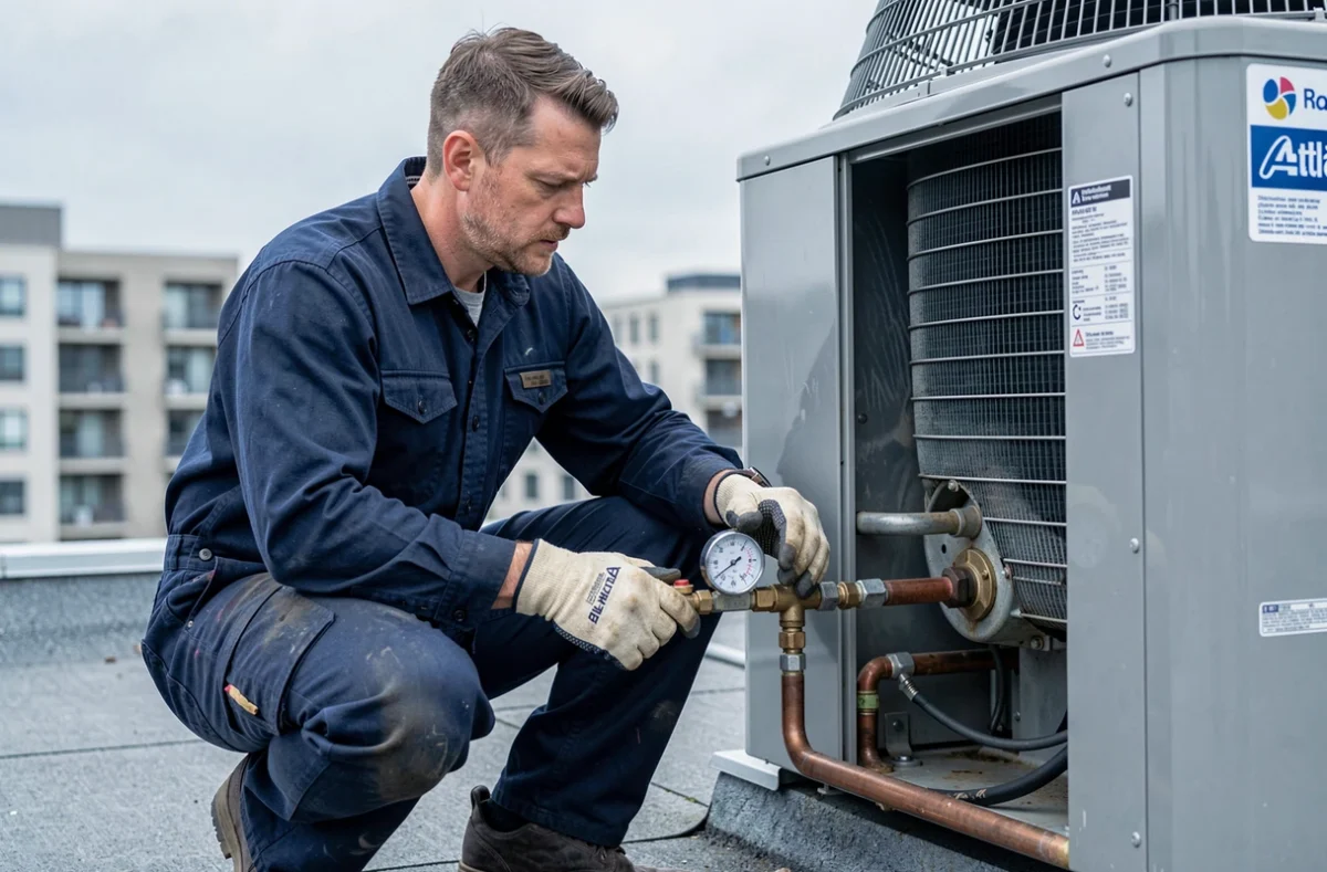 Technicien en train d'installer une pompe à chaleur Atlantic sur une terrasse d'immeuble urbain