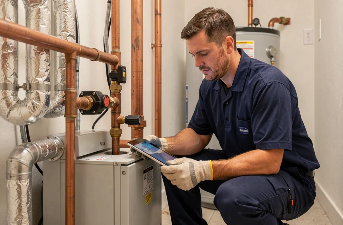 Technicien inspectant le module hydraulique intérieur d'une pompe à chaleur air-eau avec ballon d'eau chaude