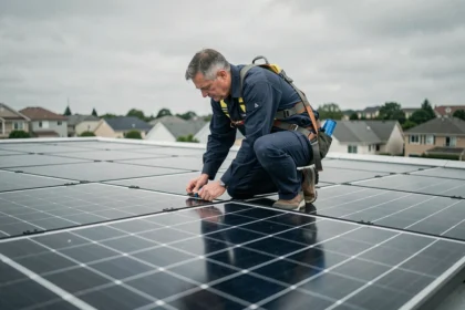 Technicien inspectant des panneaux solaires photovoltaïques sur un toit de maison individuelle