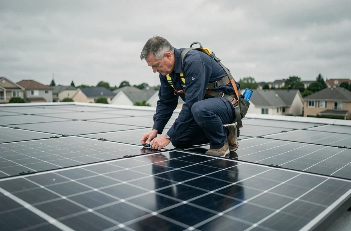 Technicien inspectant des panneaux solaires photovoltaïques sur un toit de maison individuelle