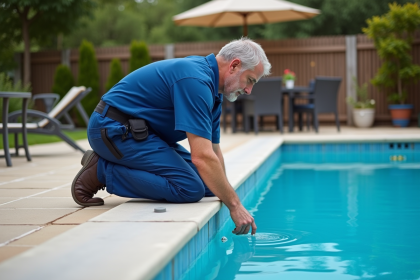 Technicien en bleu installe alarme piscine extérieure