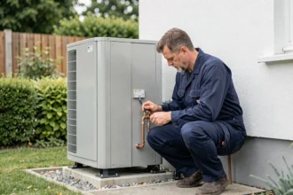 Technicien inspectant une pompe à chaleur air-eau de 16 kW installée en extérieur contre une maison moderne