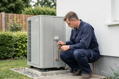 Technicien inspectant une pompe à chaleur air-eau de 16 kW installée en extérieur contre une maison moderne