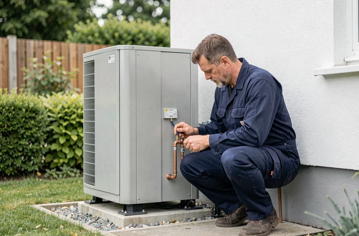 Technicien inspectant une pompe à chaleur air-eau de 16 kW installée en extérieur contre une maison moderne
