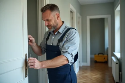 Technicien en overalls ajustant une porte en bois blanc