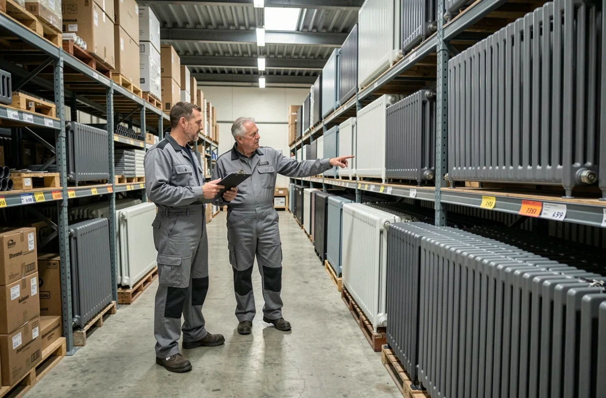 Deux chauffagistes comparant des modèles de radiateurs en fonte dans un entrepôt de fournitures de chauffage pour évaluer les prix