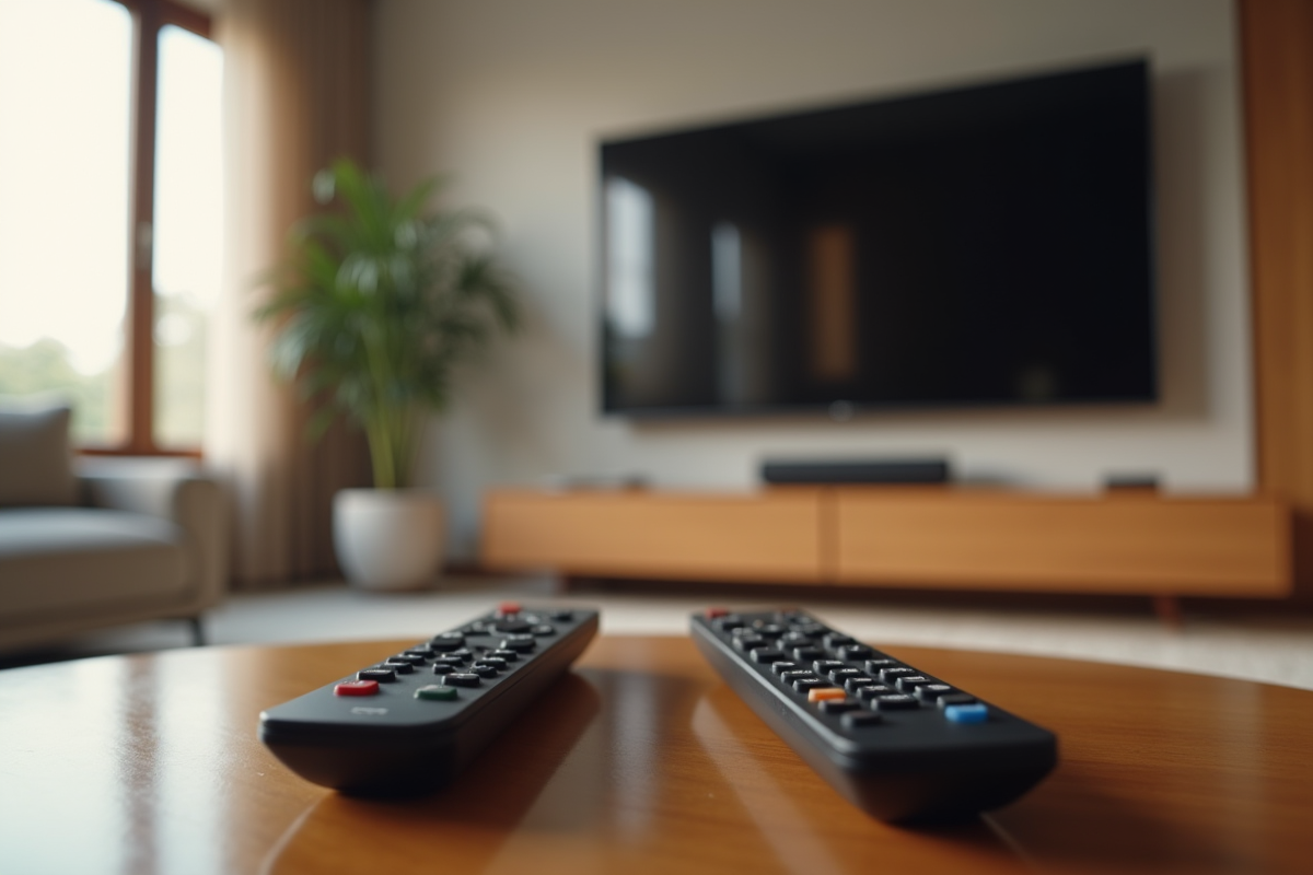 Télécommandes sur une table basse avec téléviseurs élégants