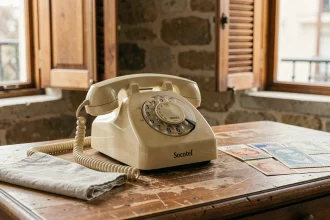 Téléphone à cadran rotatif français vintage Socotel S63 ivoire posé sur un bureau en chêne dans un appartement parisien