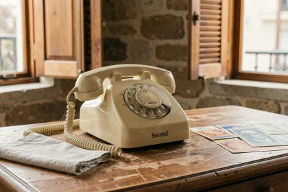 Téléphone à cadran rotatif français vintage Socotel S63 ivoire posé sur un bureau en chêne dans un appartement parisien