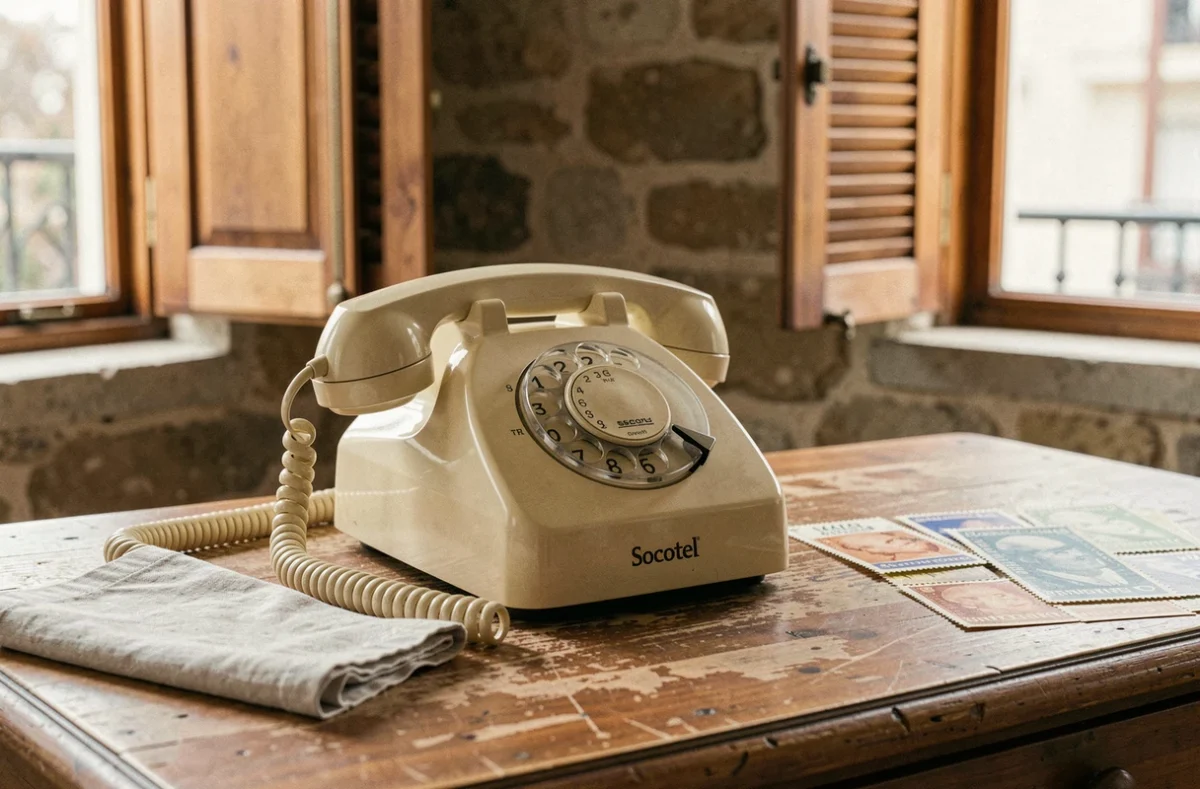 Téléphone à cadran rotatif français vintage Socotel S63 ivoire posé sur un bureau en chêne dans un appartement parisien