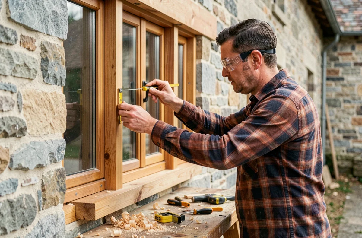 Menuisier de Tendille Menuiserie installant une fenêtre en bois à double vitrage sur une maison en pierre