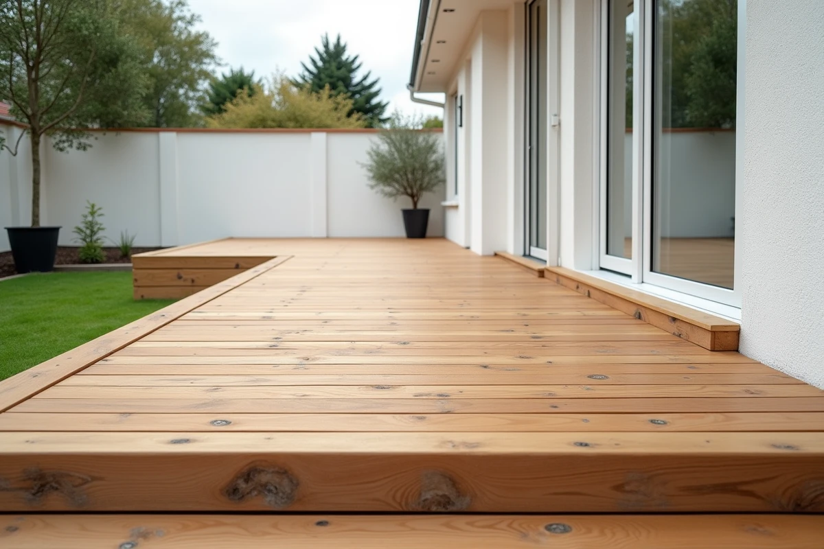 Terrasse en bois résidentielle terminée montrant les lambourdes et lames de terrasse en différentes sections bois, vue en perspective large