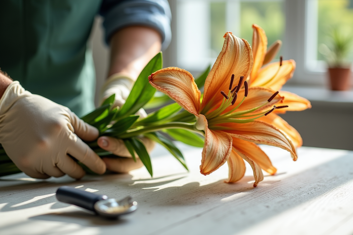 Gants tenant une tige de lys avec fleurs fanées et fraîches