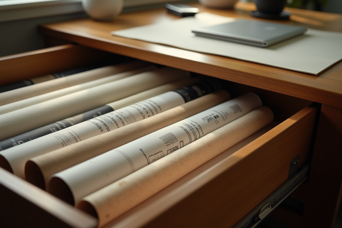 Tiroir organisé avec posters roulés et tubes en bois lumineux