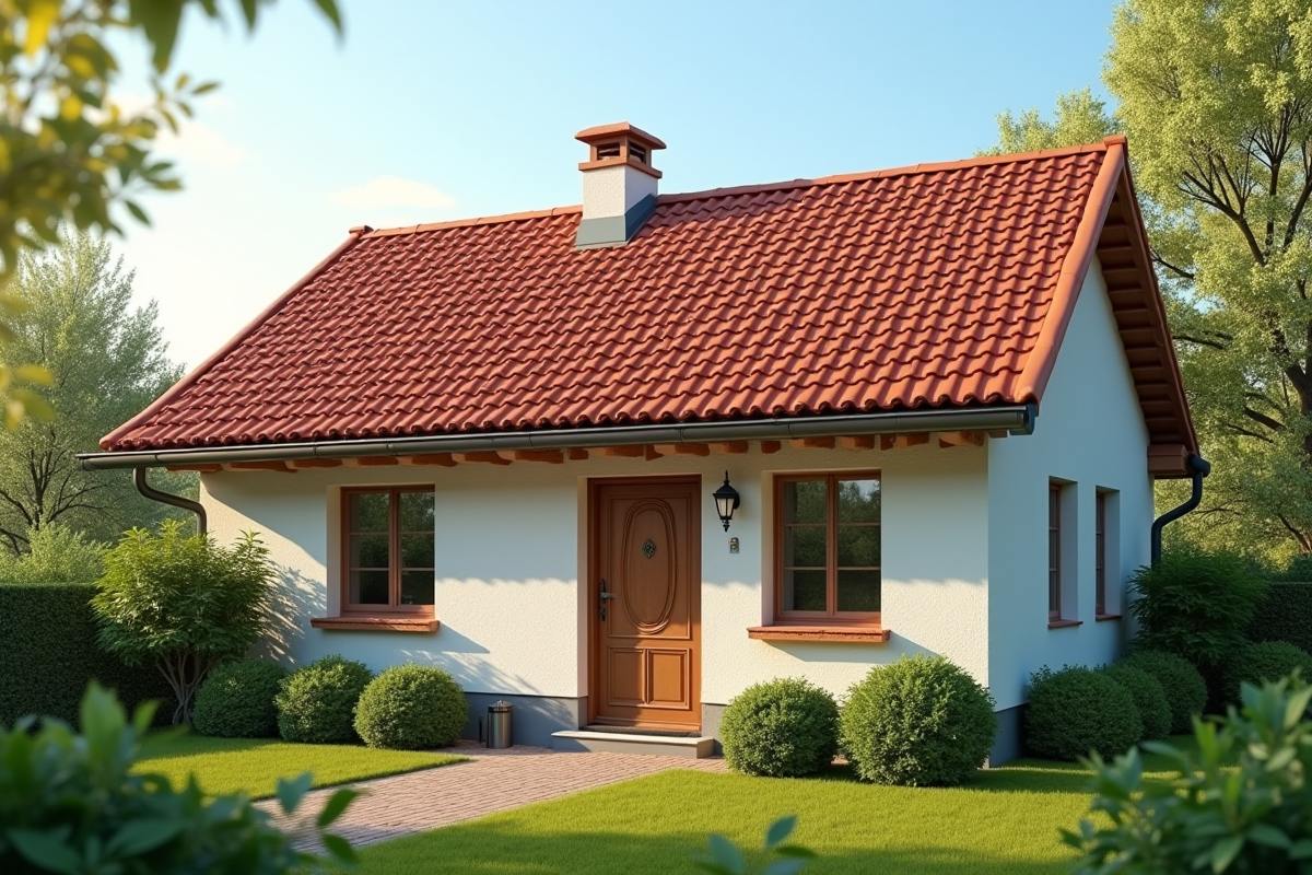 Toit rénové avec tuiles en terre cuite rouge sur une maison de plain-pied