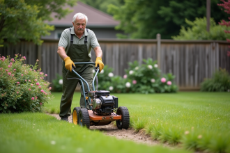 Homme en tenue de jardinage poussant une scarificateuse dans un jardin verdoyant